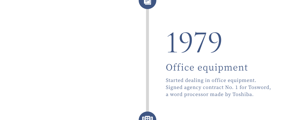 1979 Office equipment Started dealing in office equipment. Signed agency contract No. 1 for Tosword, a word processor made by Toshiba.